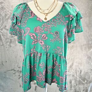 Entro Women’s Large Boutique Floral Peplum Blouse Green Pink Ruffle Sleeve